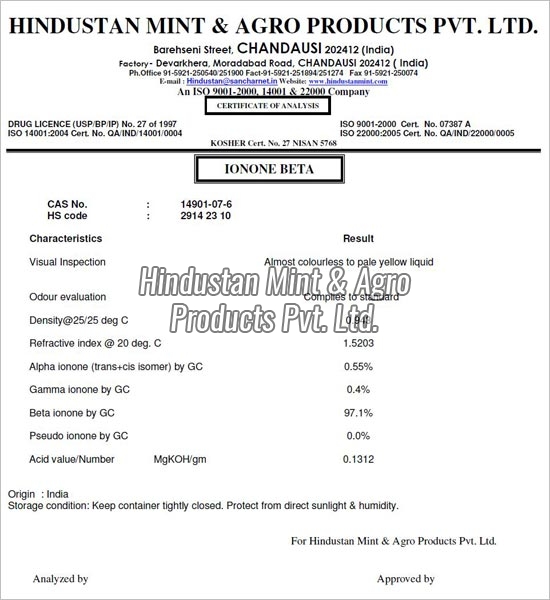 Certificate of Analysis Skatole,6 Methyl Cumarin,Ionone Beta Etc.