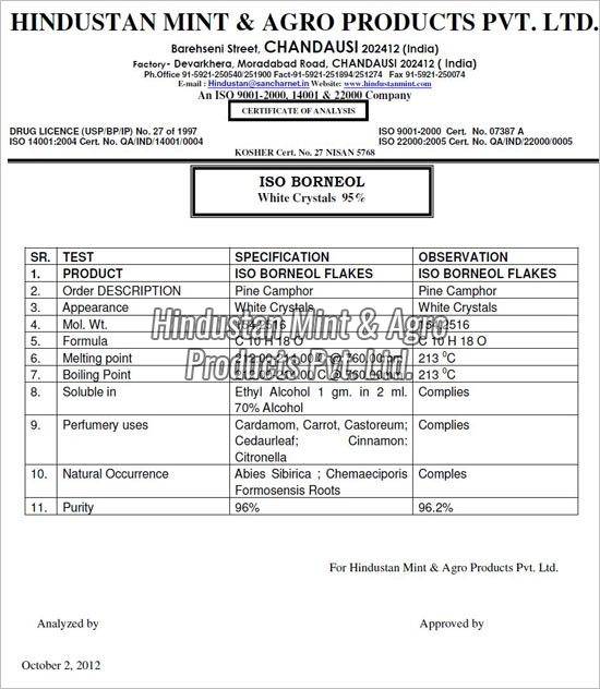 Certificate of Analysis Skatole,6 Methyl Cumarin,Ionone Beta Etc.