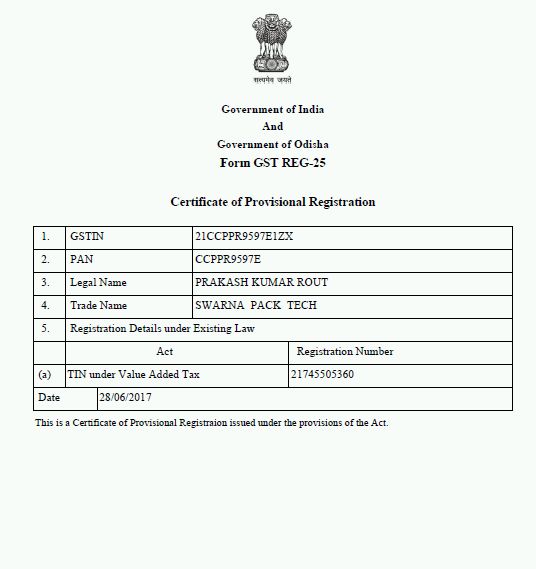 Certificate of Provisional Registration