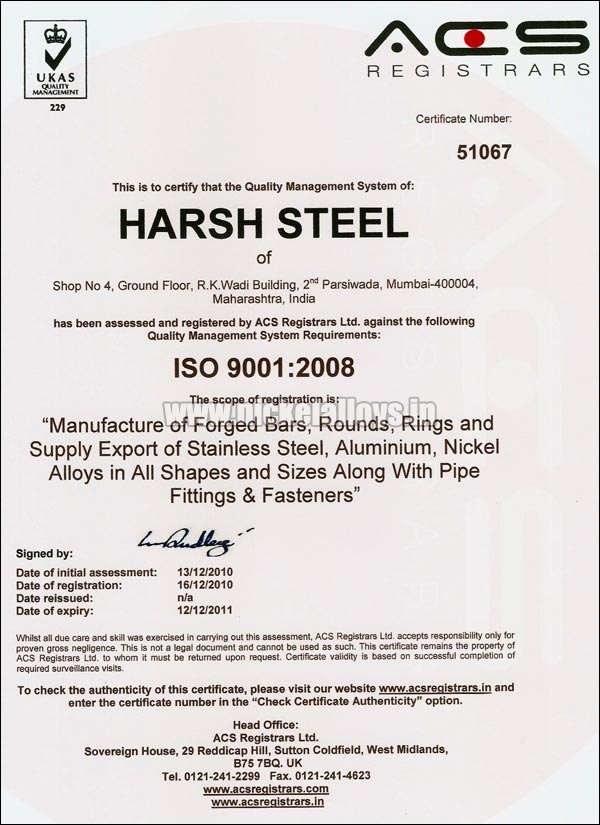 Harsh Steel Certificates