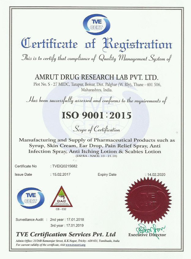 Registration Certificate Amrut Drug Research Lab Pvt Ltd from Palghar