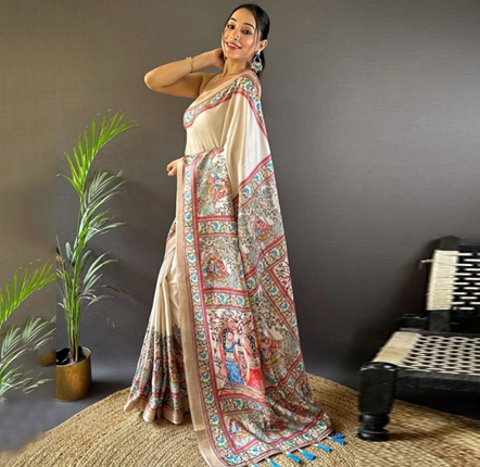 Tussar Silk Madhubani Printed Saree