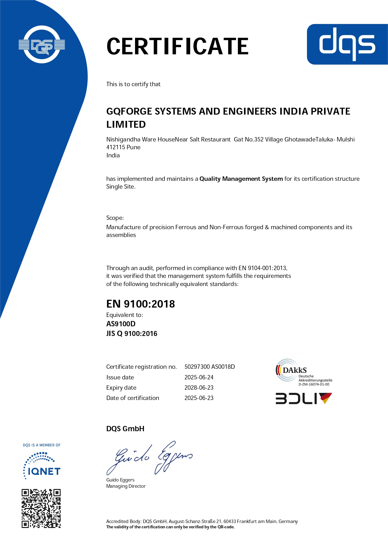 AS9100:D Certificate
