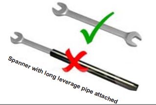 Studs are overstressed, twisted and broken when higher torque is applied by using additional pipe-leverage to the spanner. Avoid usage of pipe-leverage.