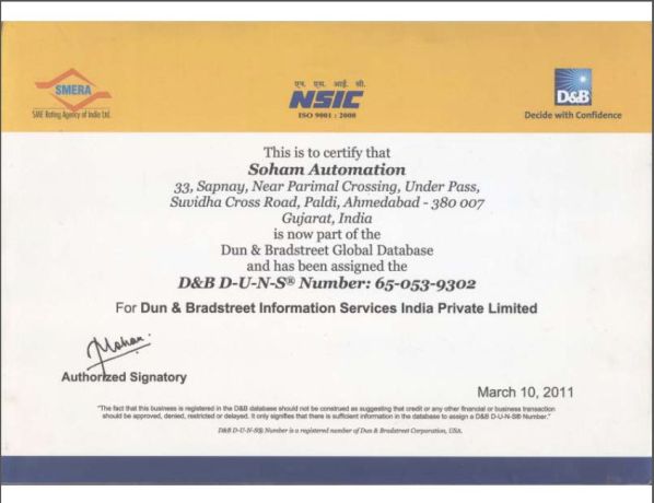 D & B Certificate - Soham Automation from Ahmedabad Gujarat India