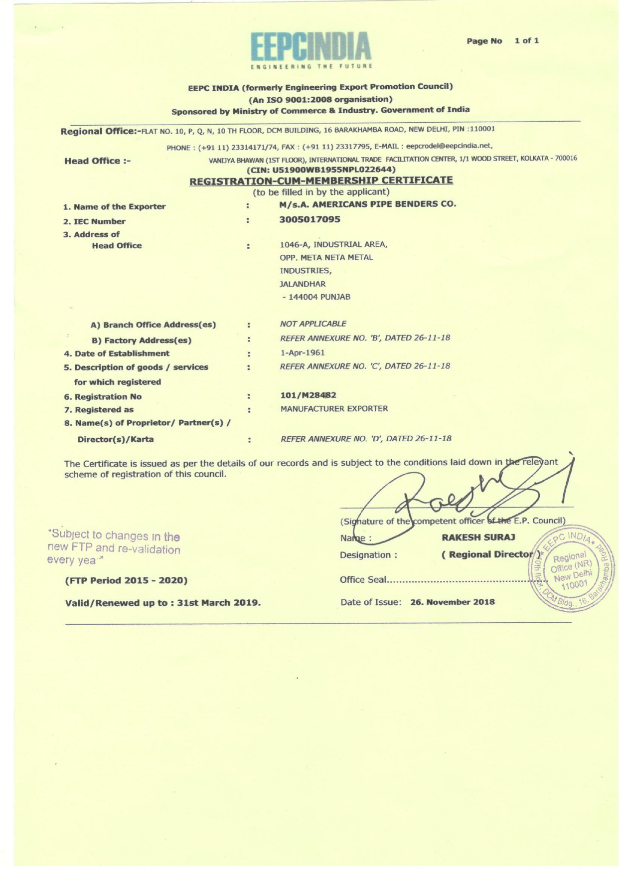 EEPC Indian Registration-Cum-Membership Certificate