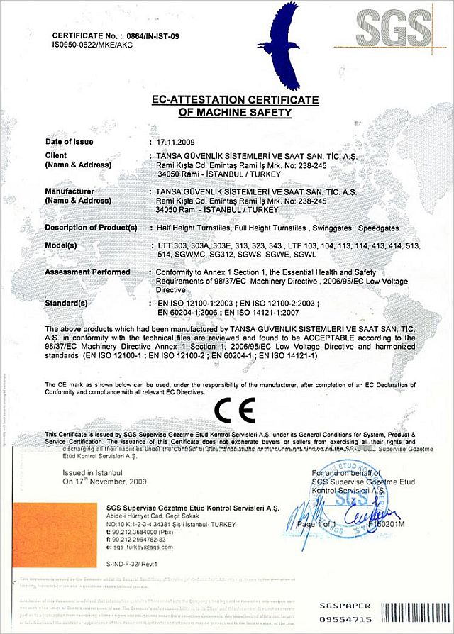 EC Attestation Certificate of Machinery Safety