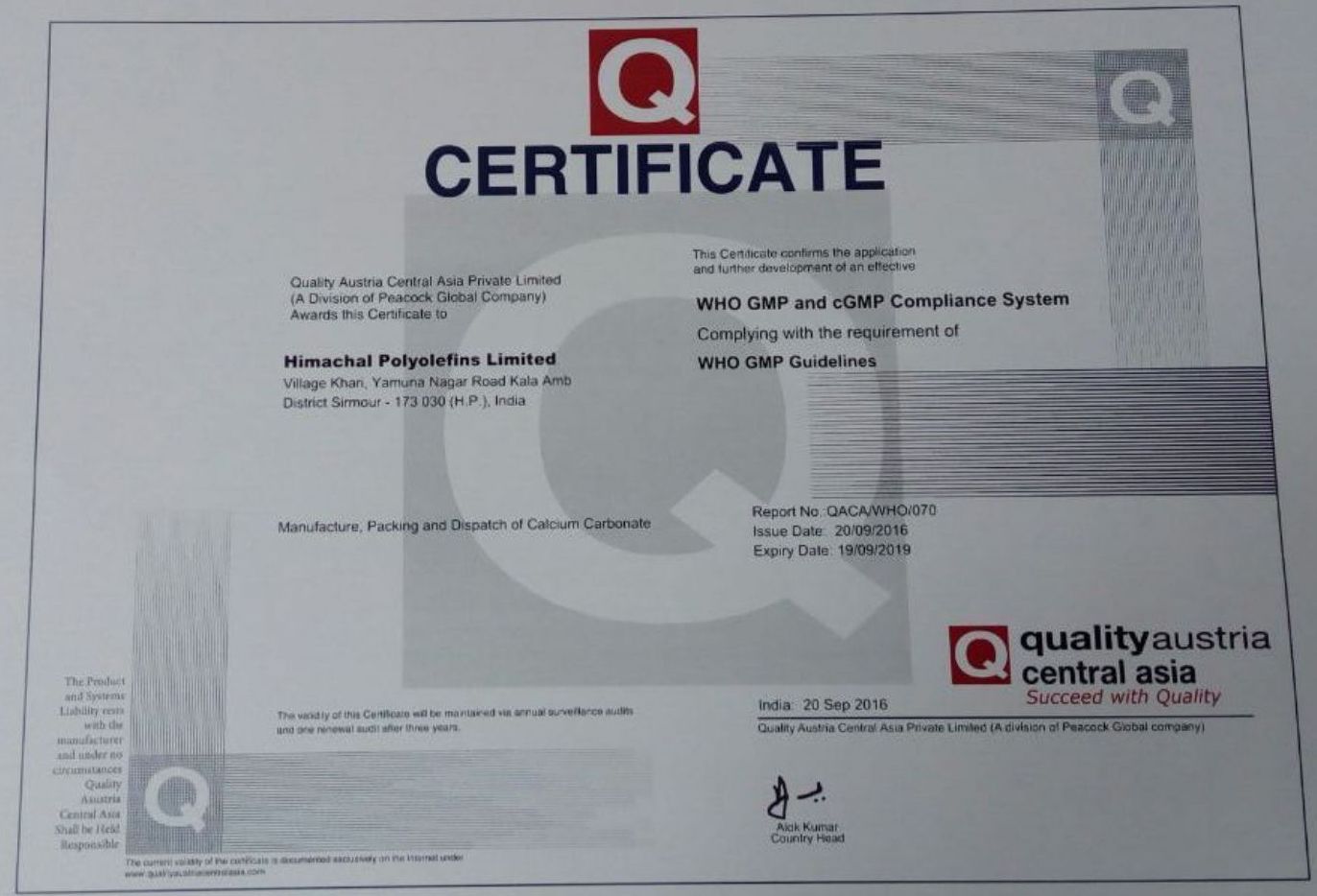 WHO GMP Certificate