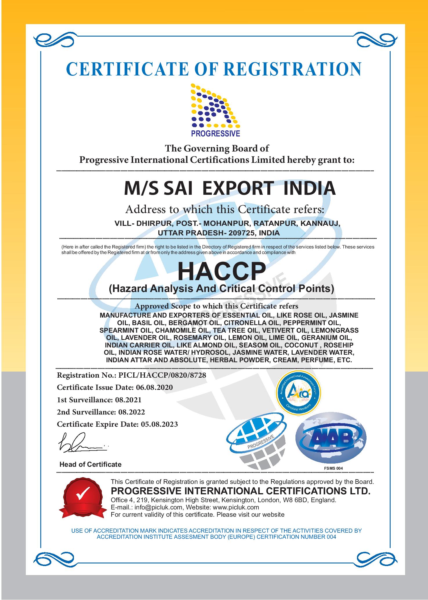Sai Export India  HACCP