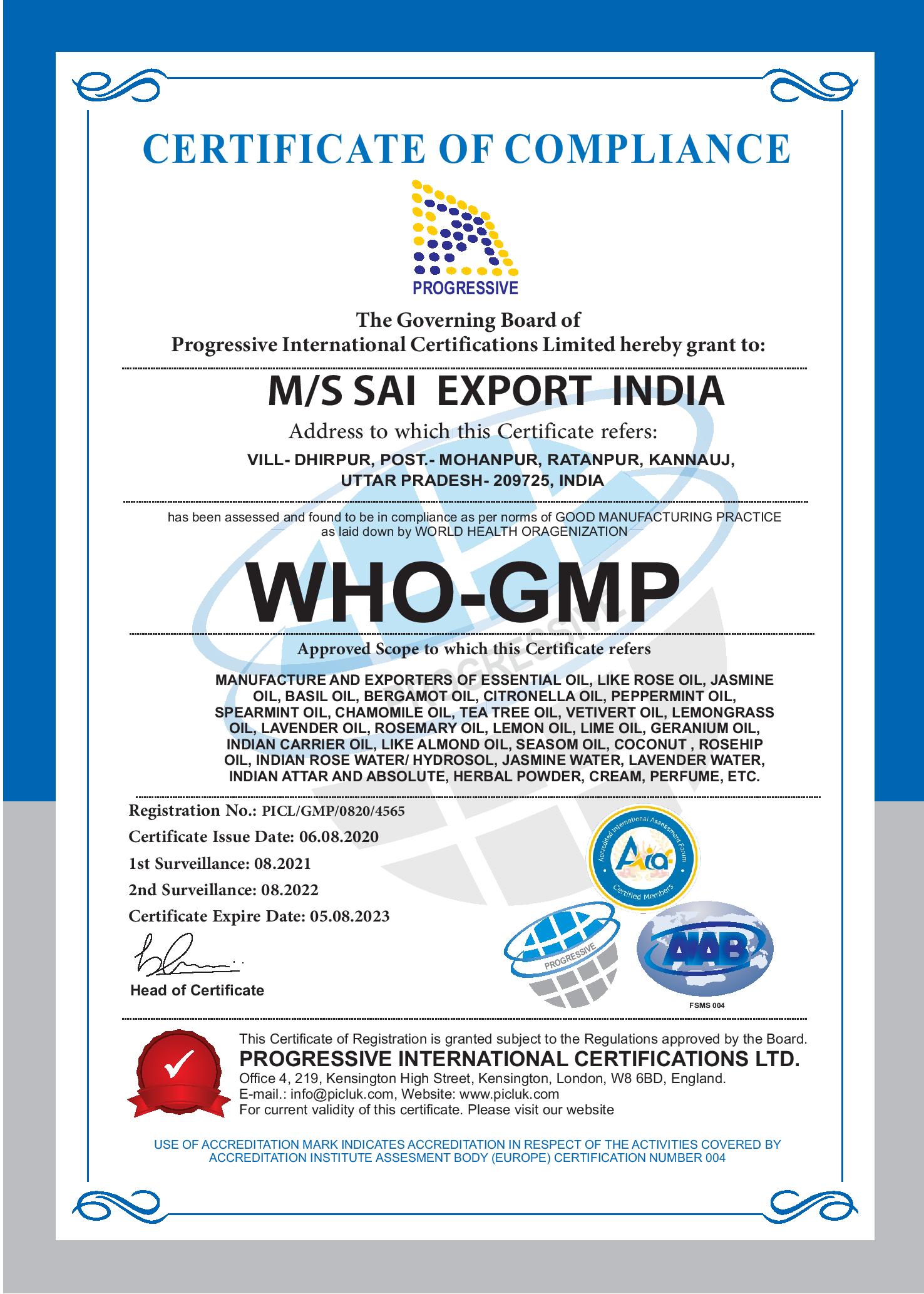 Sai Export India  WHO - GMP