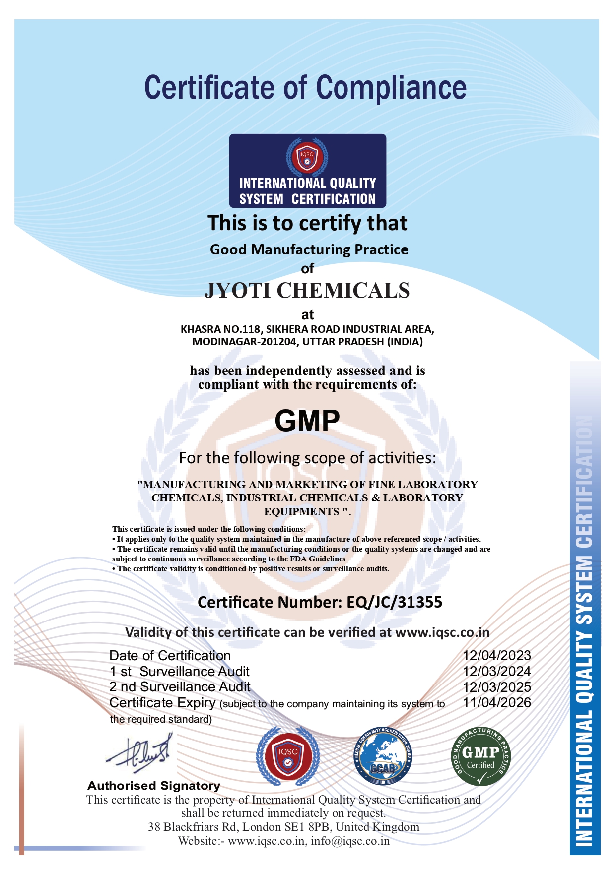 Jyoti Chemicals GMP Certificate