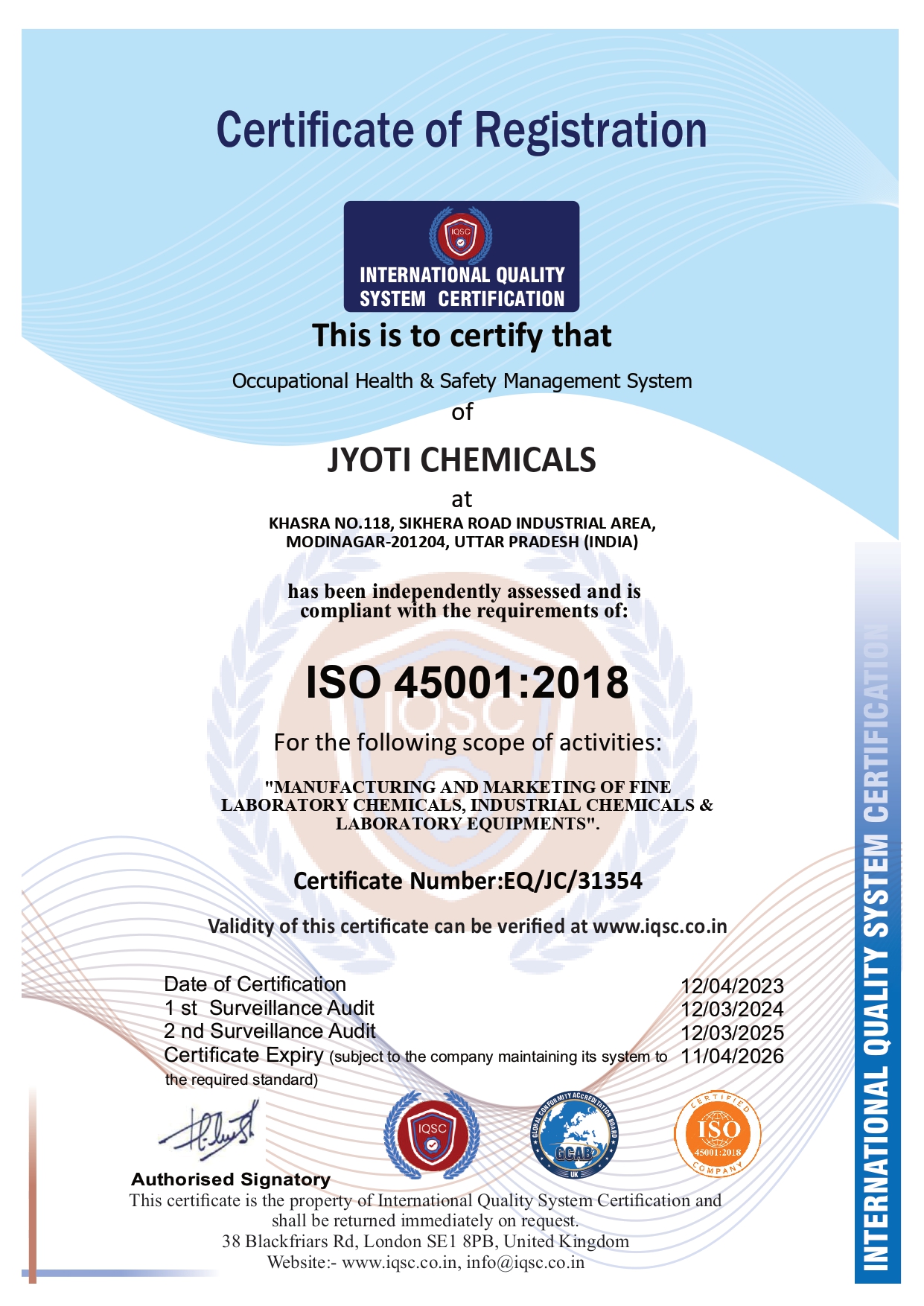Jyoti Chemicals ISO 45001- 2018  Certificate