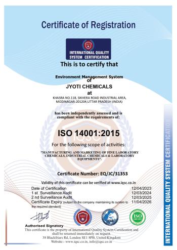Jyoti Chemicals ISO 14001-2015 Certificate