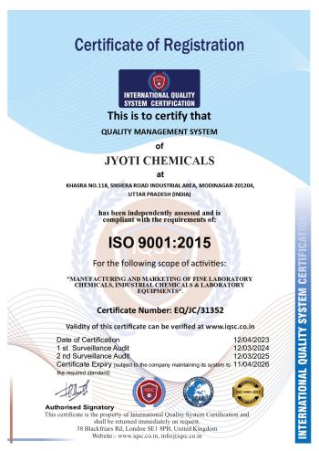 Jyoti Chemicals ISO 9001-2015 Certificate