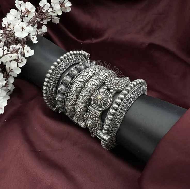 Authentic Oxidized Silver Kada Bangle Set Supplier for Festive Wear