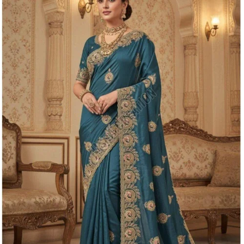 Shop Rama Blue Embroidery Silk Saree with Classic Embroidery Appeal