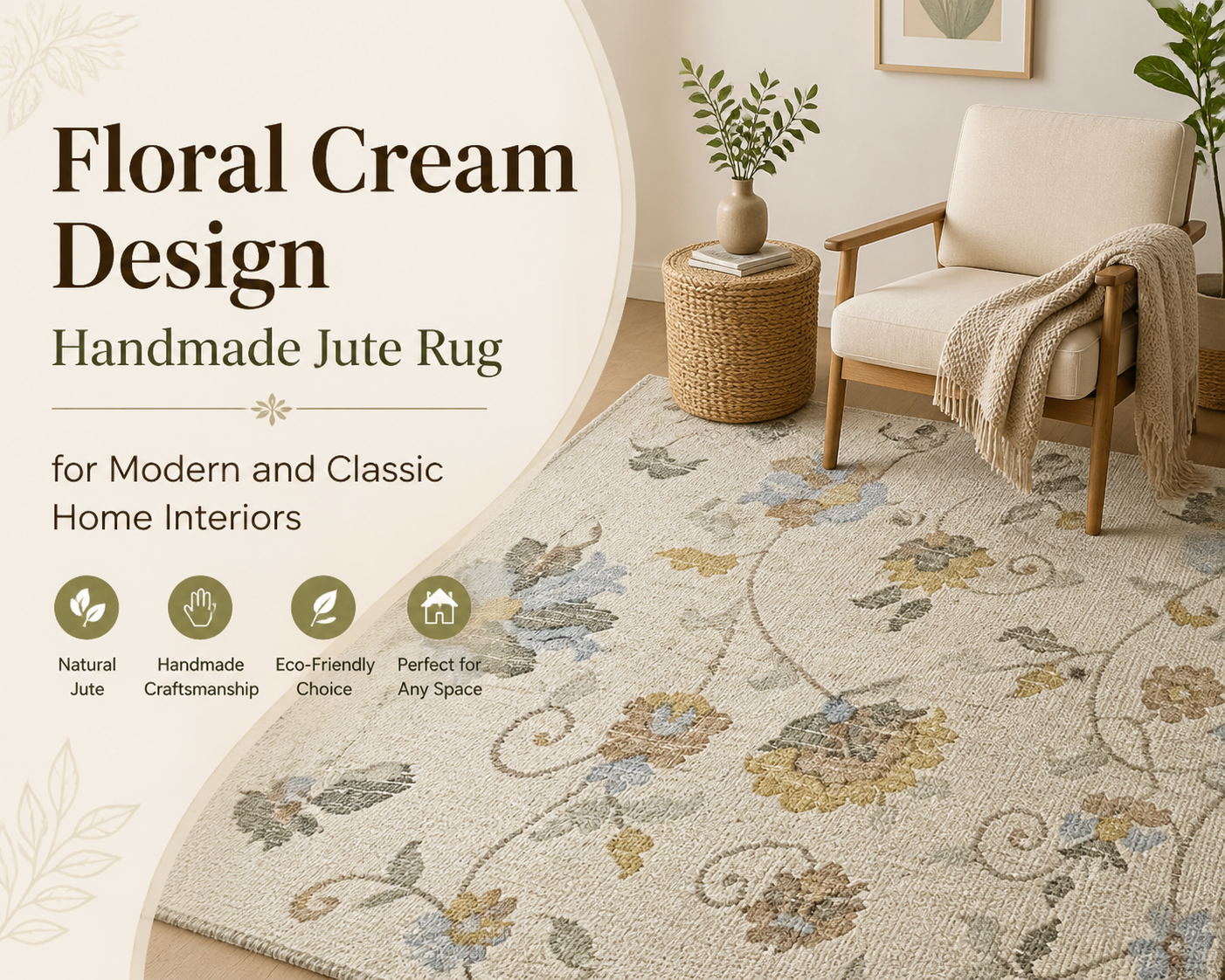 Floral Cream Design Handmade Jute Rug for Modern and Classic Home Interiors