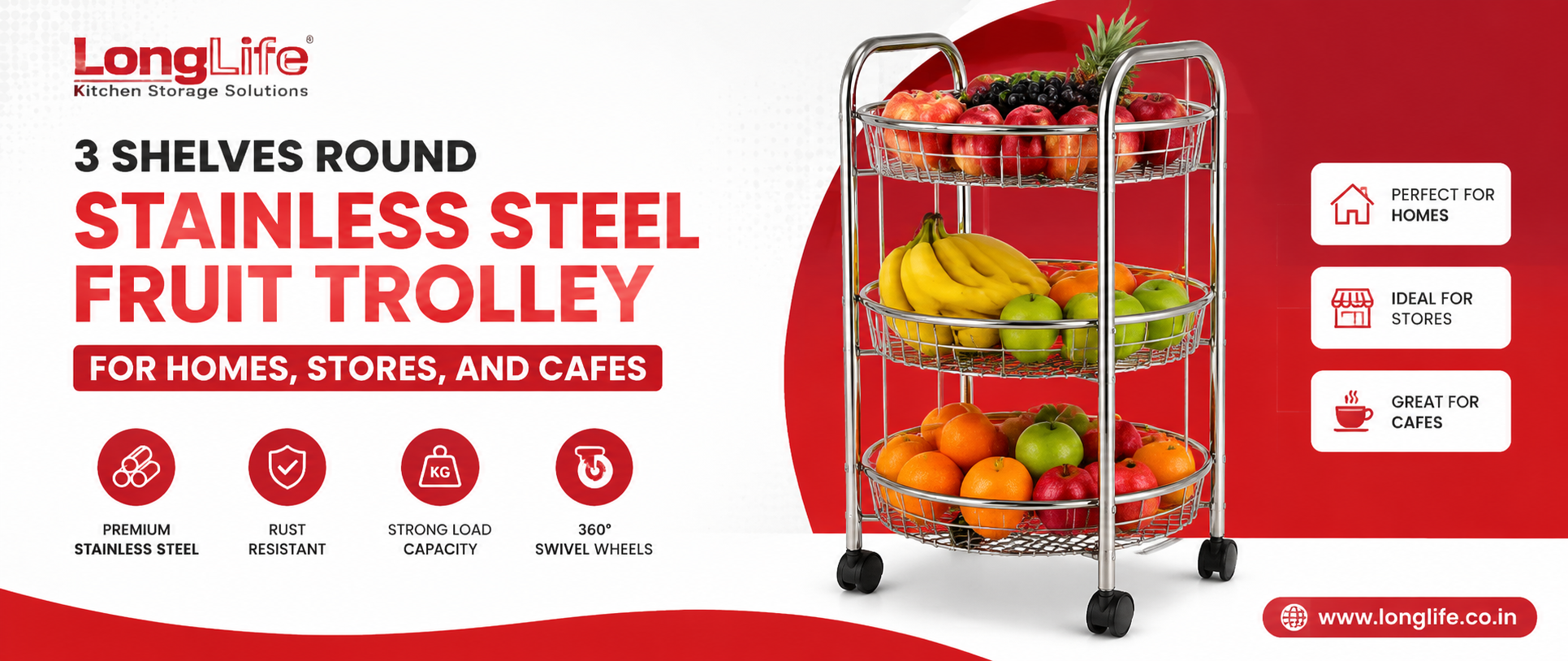 3 Shelves Round Stainless Steel Fruit Trolley for Homes, Stores, and Cafes