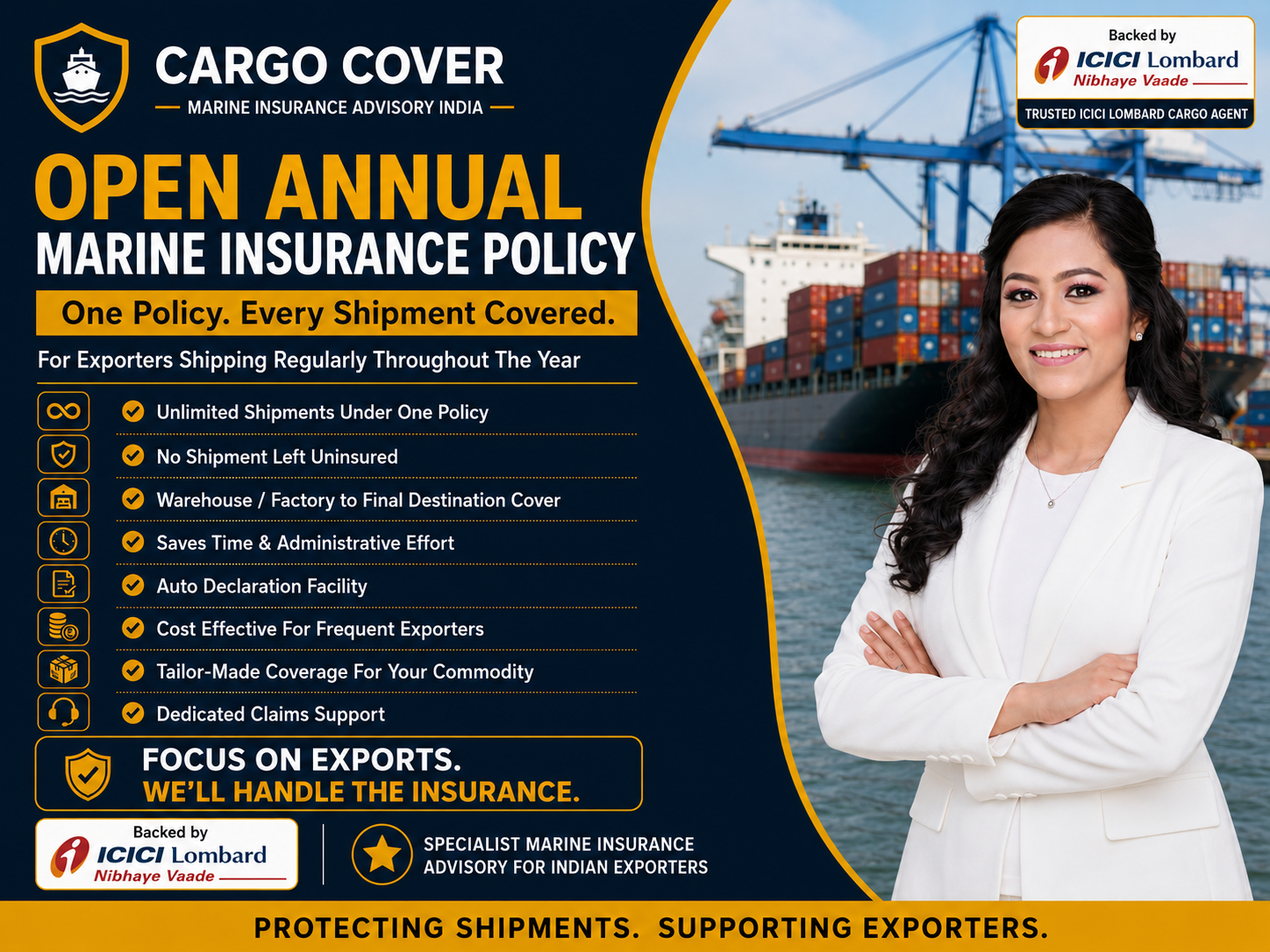 Open Annual Marine Insurance Policy The Complete Guide for Indian Exporters by Cargo Cover · Marine Insurance Advisory India · Backed by ICICI Lombard